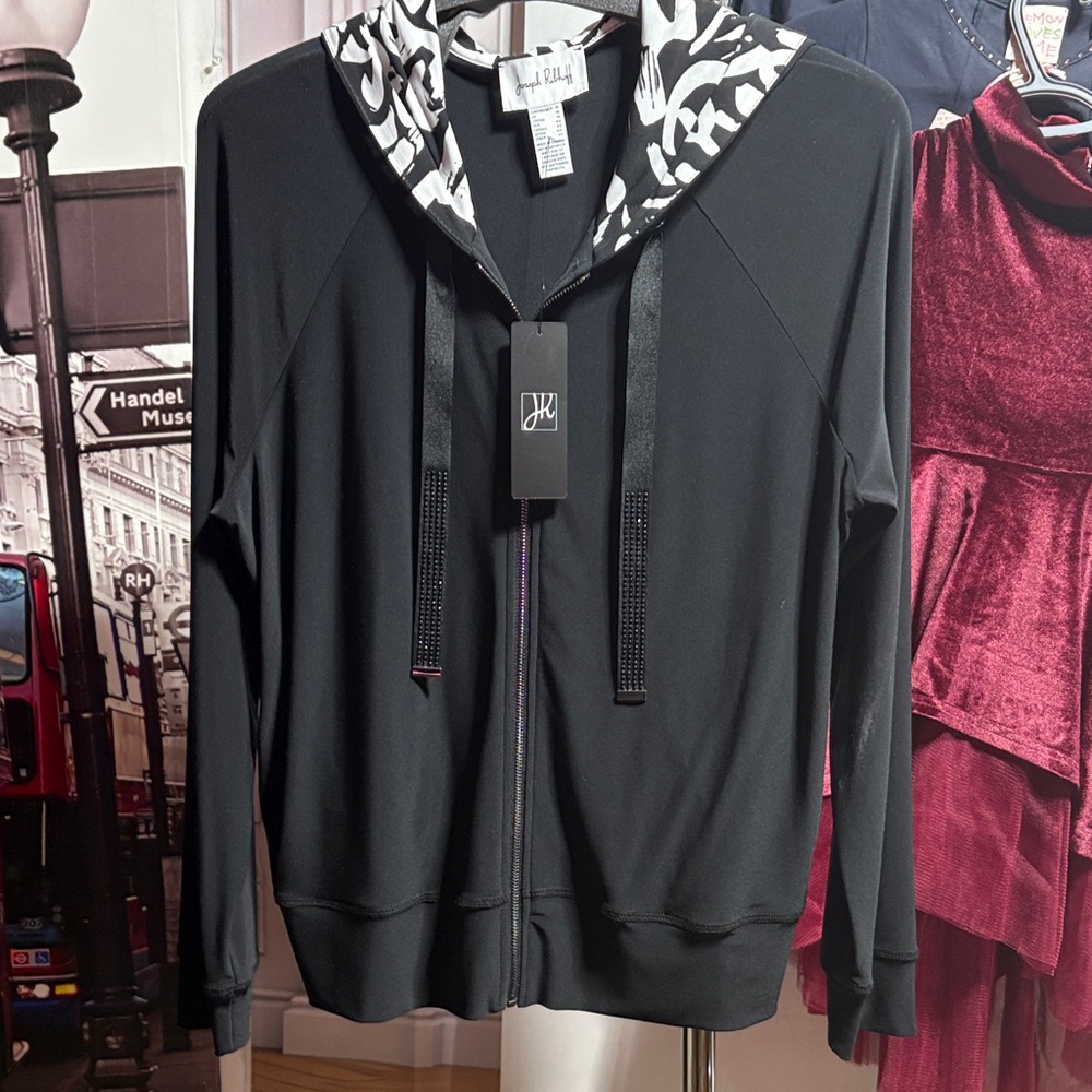 Black Zip-Up Hoodie with Patterned Hood